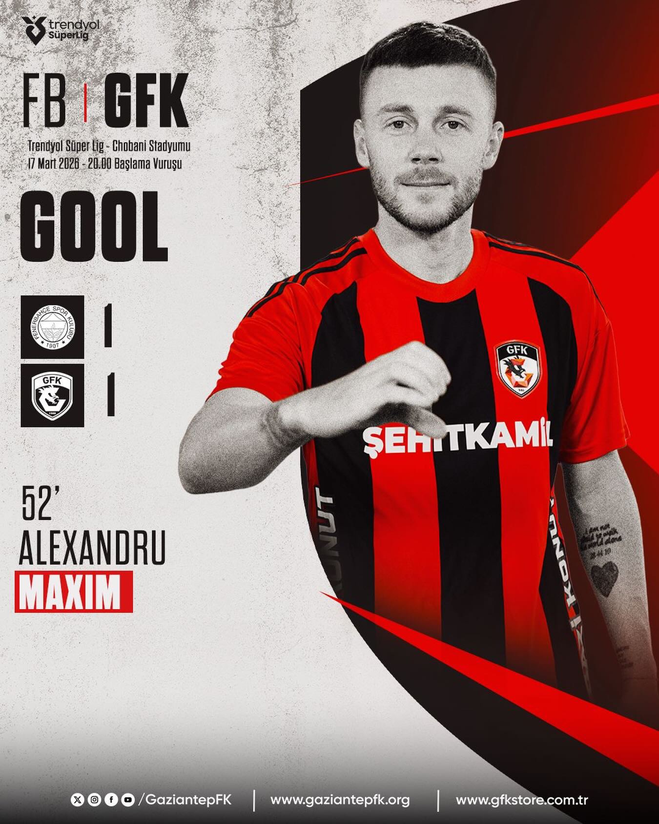 Alexandru Maxim marcheaza imcontra lui Fenerbahce dar Gaziantep pierde meciul din SuperLig