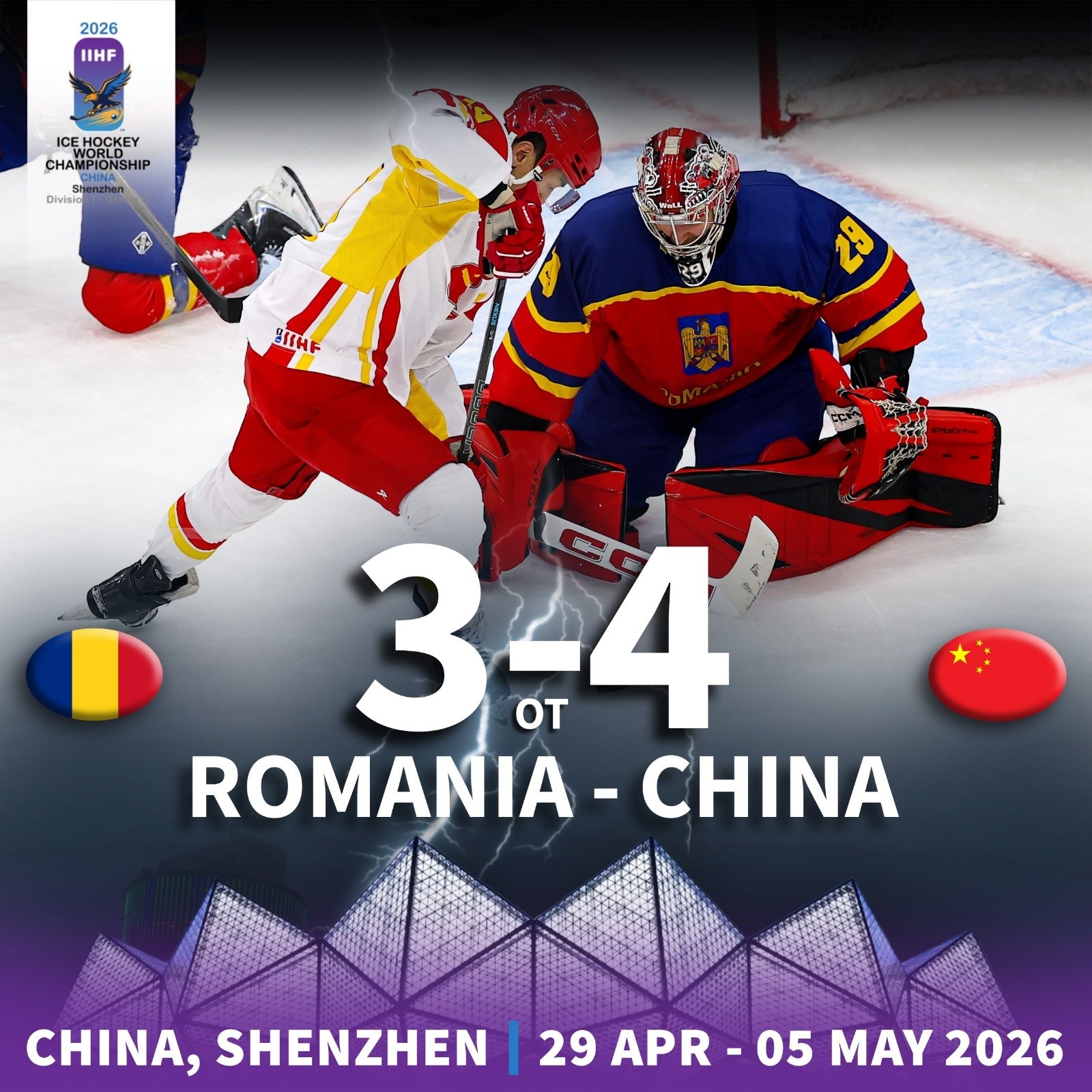 Romnia infrunta o infrangere dupa prelungiri in fata Chinei la Campionatul Mondial de hochei pe gheata I B