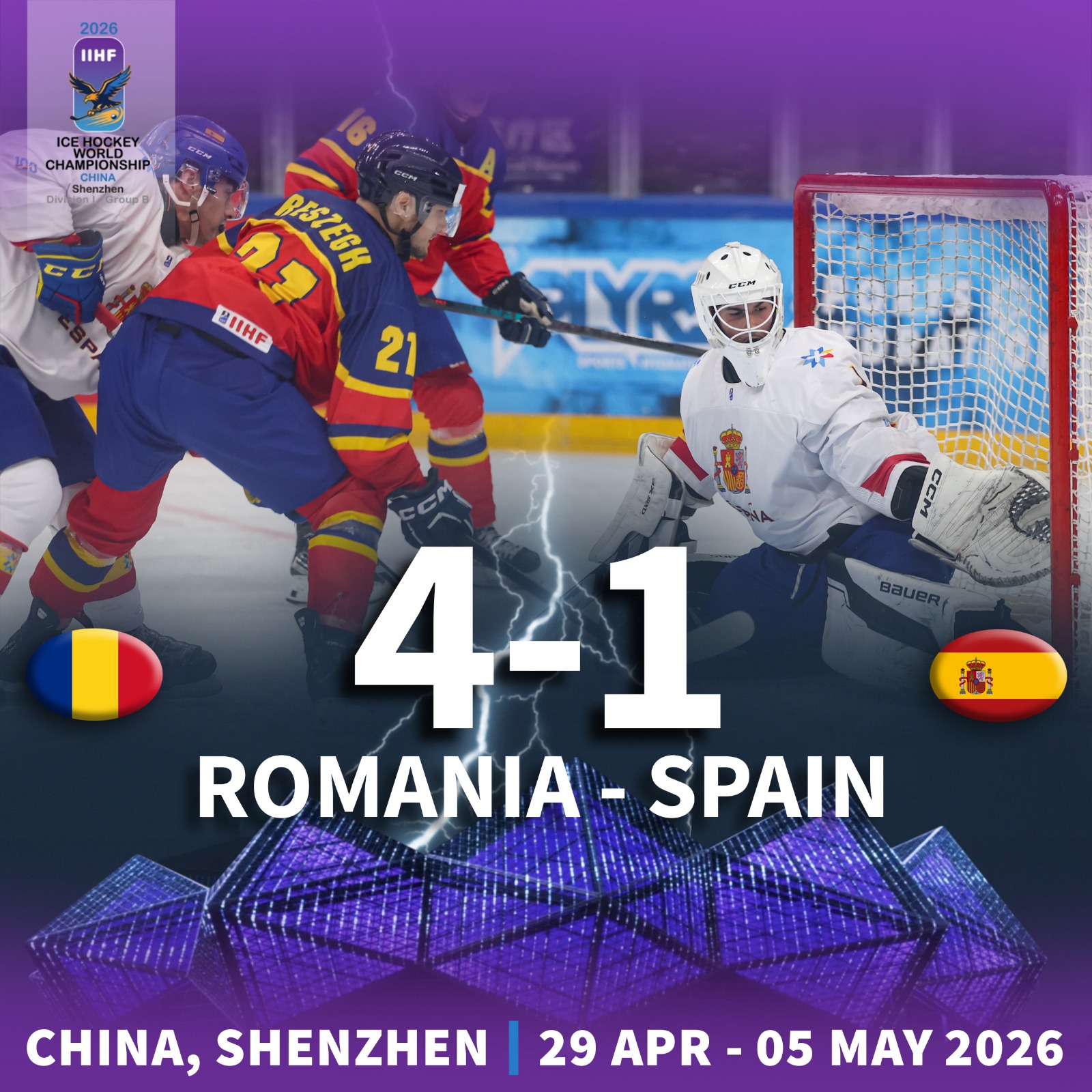 Romnia inregistreaza o victorie concludenta impotriva Spaniei la Campionatul Mondial de hochei pe gheata Divizia I B si ramane in competitie pentru a reveni in esalonul secund valoric