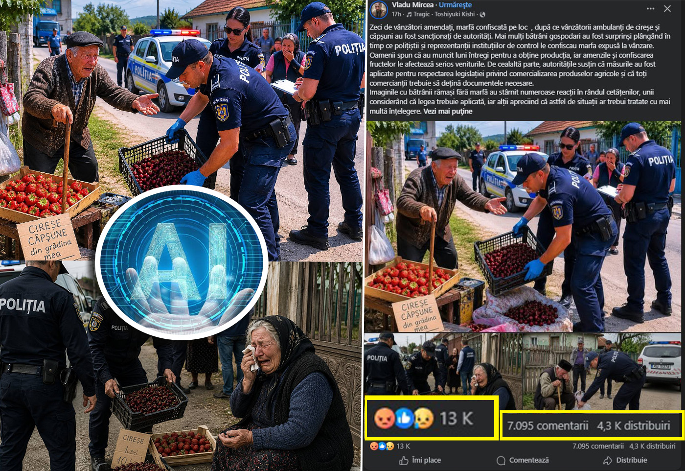 Imagini generate de AI cu batrani plangand si politisti confiscandu le fructele distribuite pe scara larga pe Facebook Multi utilizatori le au considerat fotografii reale